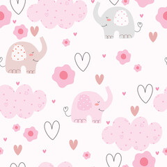Cute pink elephants, flowers, clouds and hearts, seamless pattern. Vector illustration with hand drawn animals and flowers, pattern for wrappinhg paper, baby shower, Valentine's Day, Wedding.