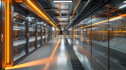 Interior of a modern high tech data center with rows of server racks cooling equipment and advanced technology infrastructure  The concept of digital information storage processing