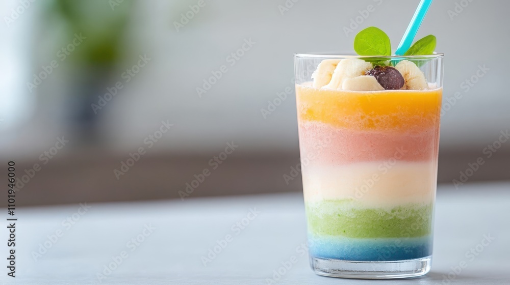 Poster a vibrant and colorful smoothie features multiple layers of flavors topped with fresh banana slices,