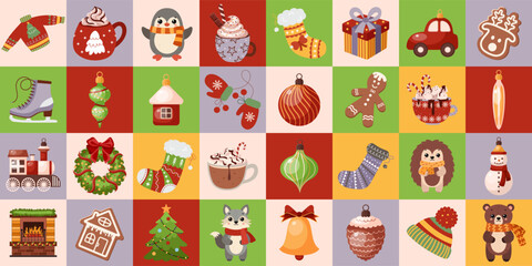 Obraz premium Christmas modern minimalist geometric holiday pattern. Abstract colorful background with various Christmas elements with fit tree decoration, gift, gingerbread, sweater, wreath, animals, socks, cups.