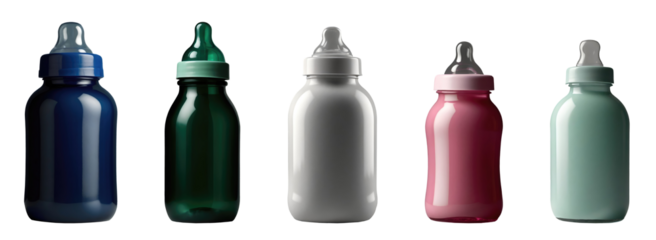 Set of various blank realistic feeding bottles for babies in different colours isolated on transparent background. Generative AI