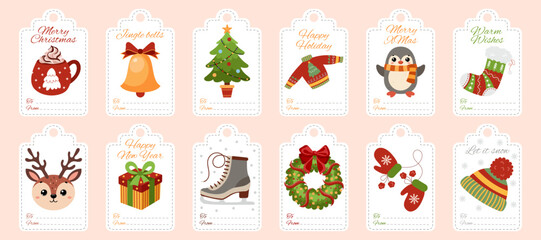 Collection of festive gift paper tags with Christmas elements. Labels with fit tree, gift, sweater, wreath, animals, sock, cup, skate, mittens, hat. Vector cartoon illustration on isolated background.