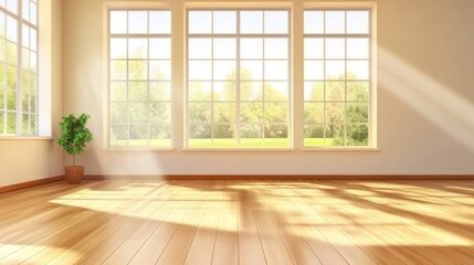 Fototapeta premium Sunlit Room With Large Windows and Wooden Floor