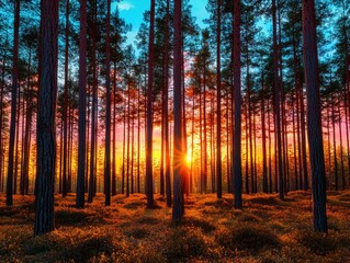 Fototapeta premium A serene forest scene at sunset, with tall trees silhouetted against a vibrant, colorful sky.