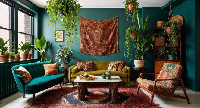 An urban jungle vibe with eclectic furniture hanging plants and vintage textiles