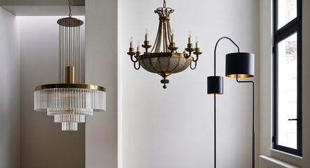 Antique brass chandeliers hanging alongside modern metal floor lamps for an unexpected contrast