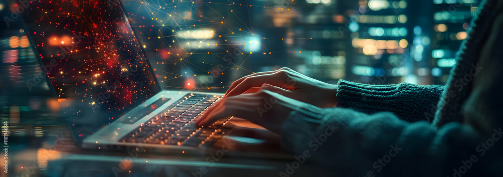 Poster a person typing on their computer with an abstract digital network of connections surrounding them, 