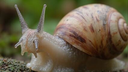 Close up of garden snails eyestalks exploring intricate shell with earthy tones detailed texture