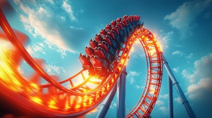 A red roller coaster spinning rapidly in mid-air, The blue sky and clouds in the background blur with a dynamic motion effect