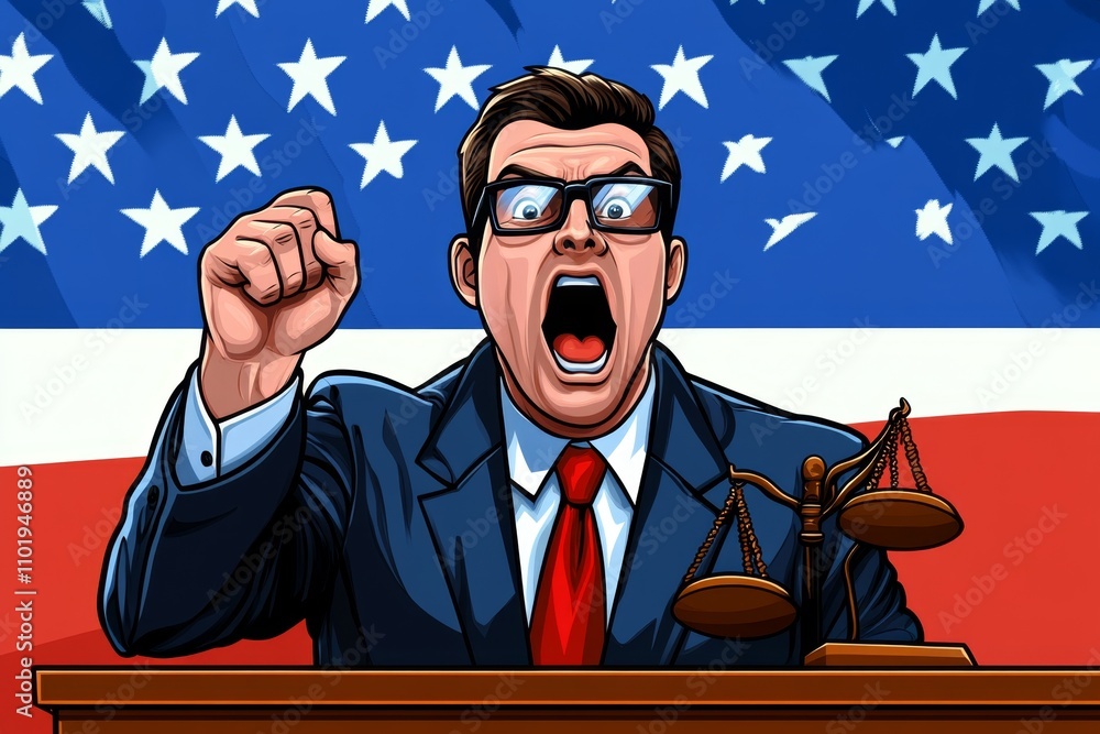 Poster pixel art depiction of an attorney in court, gesturing dramatically with a gavel and scales of justi