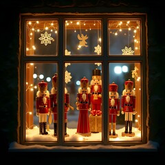 A whimsical Christmas window display featuring nutcracker figures, glittering snowflakes, and glowing string lights