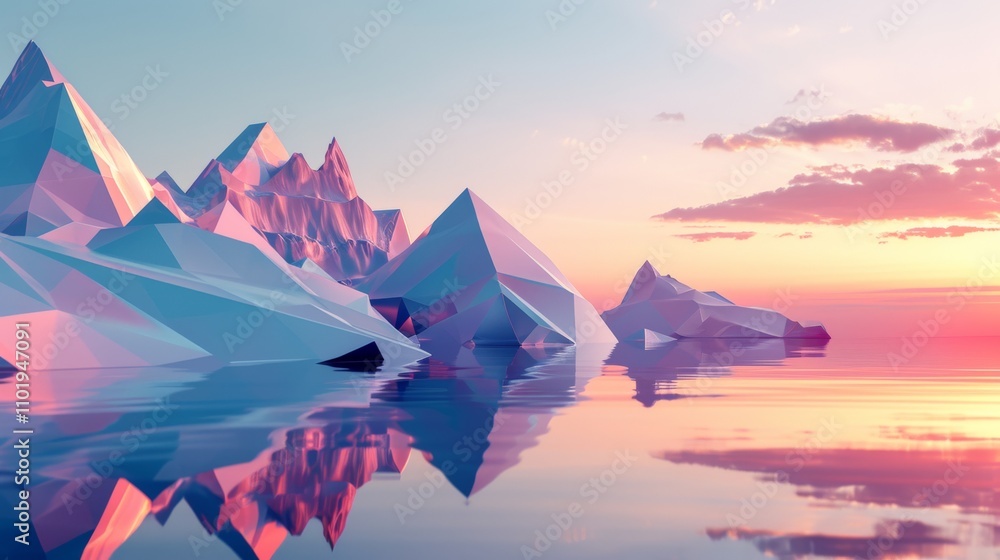 Poster a stunning low-poly digital rendering featuring geometric icebergs floating in smooth waters, bathed