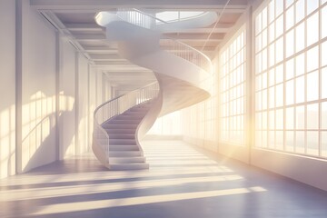 Obraz premium A modern spiral staircase in a bright, airy space with large windows.