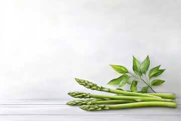 Watercolor painting of asparagus stalks on a rustic table, with delicate brushstrokes and vibrant green tones