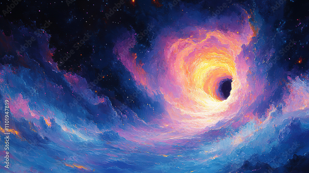 Poster colorful swirling cosmic vortex with vibrant hues and deep space backdrop in a mesmerizing celestial