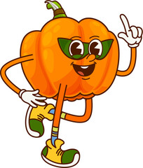Cartoon groovy pumpkin superhero vegetable character. Isolated vector ripe fresh gourd super hero personage in mask. Funny fairytale comics squash, healthy food, vitamin garden plant pointing finger