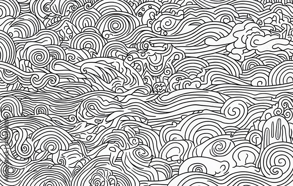 Poster seamless pattern featuring waves and curls, complete with pattern swatches included for illustrator 
