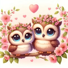 Fototapeta premium A pair of cute owls surrounded by pink flowers and hearts, showcasing a loving scene.