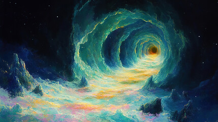 Swirling cosmic tunnel with vibrant colors leading to a dark point in space. Generative AI