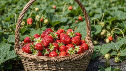 Freshly picked strawberries in rustic basket among lush strawberry plants