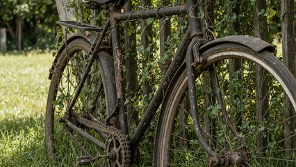 Fototapeta premium Rusted bicycle with ivy torn seat and sunlight filtering through leaves