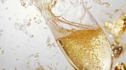 Dramatic champagne splash in a tall flute, with golden liquid and bubbles against a crisp white backdrop