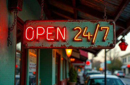A vibrant neon sign glowing in red announces open 24 hours at a lively establishment on a city street