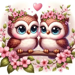 Obraz premium An enchanting duo of owls with expressive eyes, surrounded by lovely flowers and hearts.