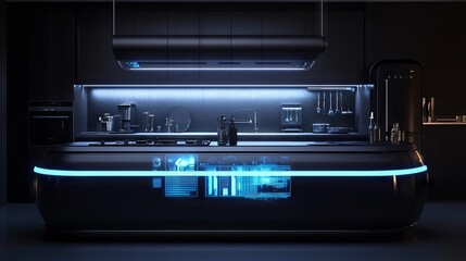 Obraz premium Modern sci-fi kitchen with sleek appliances and a holographic counter