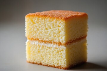 Two slices of cake stacked on top of each other, ready for serving or display
