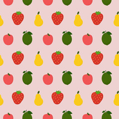 Seamless pattern with pear, apple, lime and strawberry. Vector illustration.