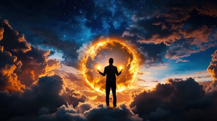 Obraz premium Silhouetted Figure Stands in Fiery Celestial Sphere Against Stormy Sky