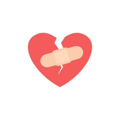 Broken Heart with Bandaid, isolated flat illustration in transparent background