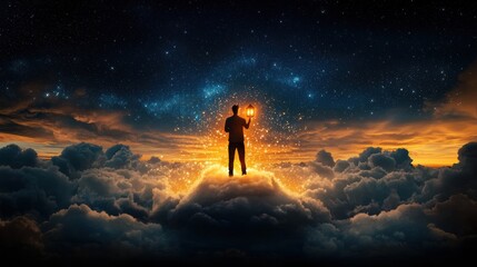 Fototapeta premium Silhouetted Protagonist Stands Empowered Amid Dramatic Night Sky