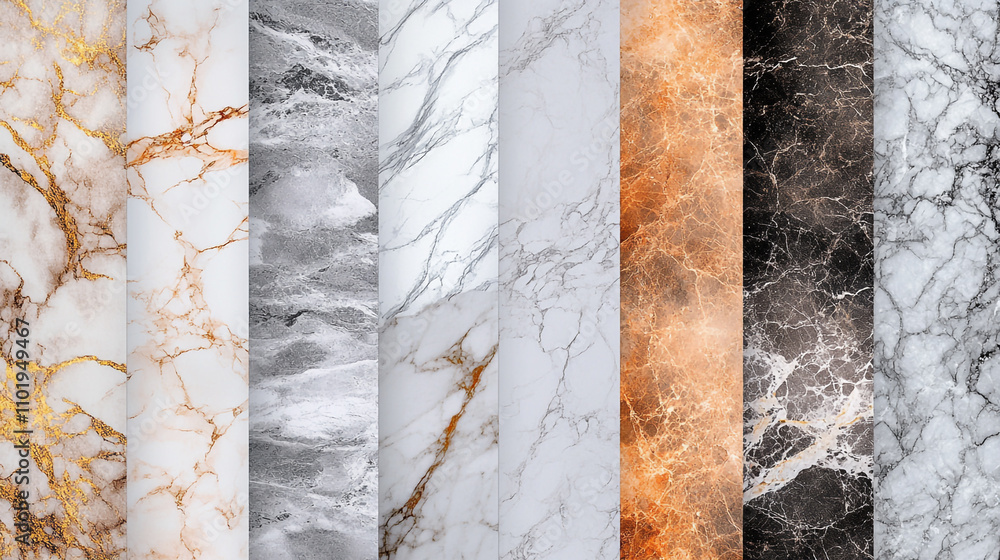 Poster different types of marble showcasing diverse colors and patterns for design inspiration
