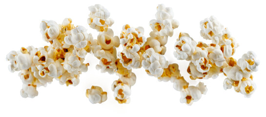 Freshly popped white popcorn kernels on a transparent background, with varying shapes and sizes, creating a fluffy texture.
