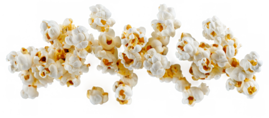 Freshly popped white popcorn kernels on a transparent background, with varying shapes and sizes, creating a fluffy texture.
