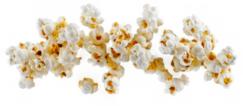 Freshly popped white popcorn kernels on a transparent background, with varying shapes and sizes, creating a fluffy texture.