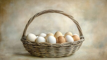 A woven basket filled with various eggs on a textured background.