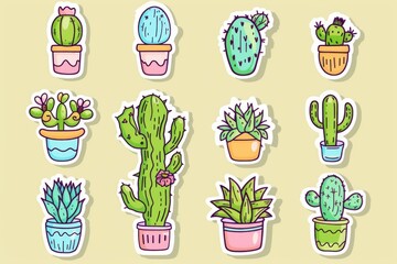 Collection of diverse cactus species, ideal for use in botanical illustrations or as a background element