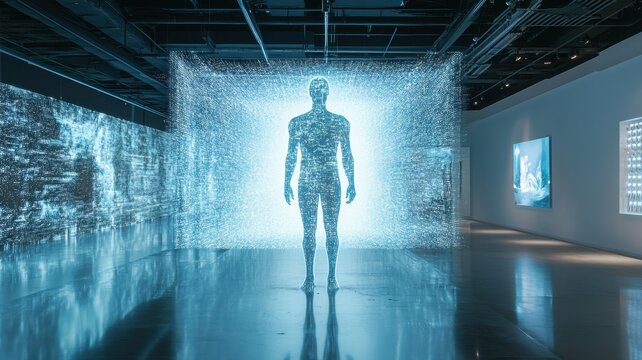 A futuristic art installation features a glowing, digital figure amid a backdrop of vibrant projections, blending technology and creativity.