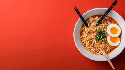 A spicy ramen bowl is set on a vibrant red background, featuring noodles, chopped scallions, slices of meat, and a perfectly halved soft-boiled egg.