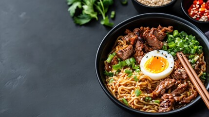 Fototapeta premium A hearty bowl of rich noodles combined with seasoned beef slices and a soft-boiled egg is garnished with green onions. The dish has a rich flavor profile and looks appetizing.
