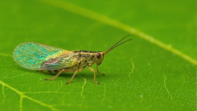Vibrant leafhopper with rainbow wings on green leaf