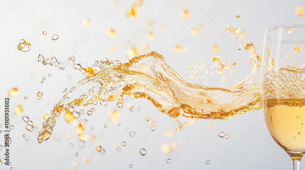 Poster golden champagne splashing dynamically in a flute, surrounded by bubbles and motion, on a crisp whit