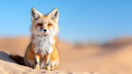 Obraz premium A captivating image of a fox sitting calmly in a sunlit desert setting, capturing the essence of nature's beauty and tranquility against a clear blue sky.