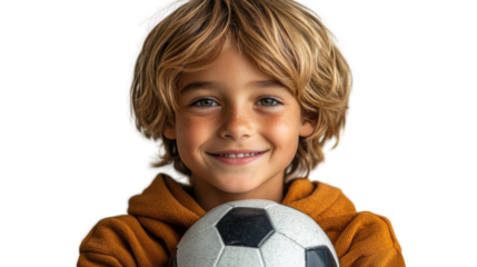 child with soccer ball isolated on white background