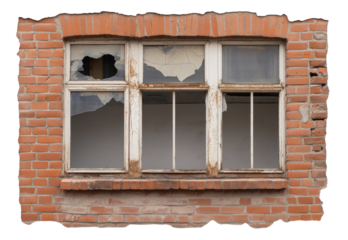 Old brick wall with broken window panes and peeling paint