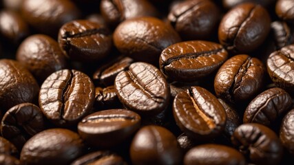 Fototapeta premium Coffee beans background. Background of roasted coffee beans. A macro photo of fried brown coffee beans on the table