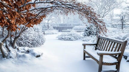 A snow-laden wooden garden bench rests beneath a bare climbing vine arch in a quiet winter setting ideal for seasonal promotions.